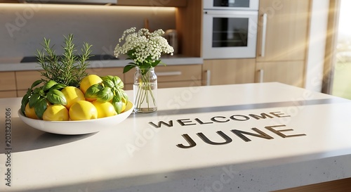 Welcome June home decor with fresh fruit and flowers.