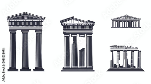 Black and white line art illustrations of classical architecture, featuring columns and temples