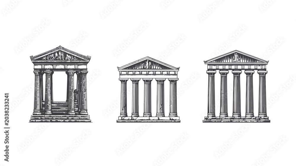 Naklejka premium Three monochromatic renderings of classical Greco-Roman temple facades on a white background