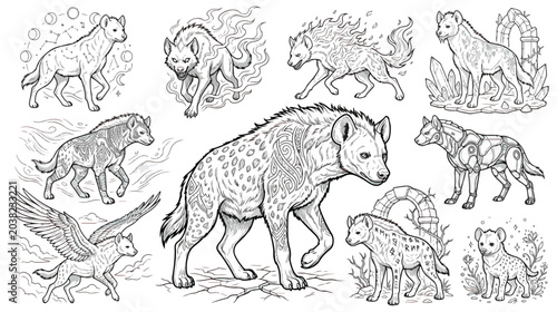 Foto Fantasy hyena coloring book page vector set, mythical hyena character illustrati