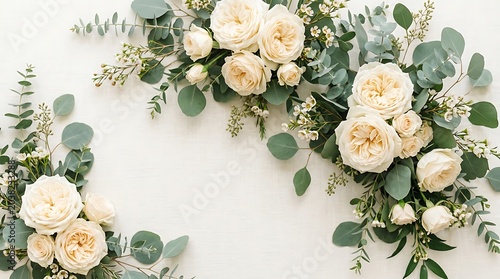Elegant floral wreath arrangement with cream roses and eucalyptus on white background