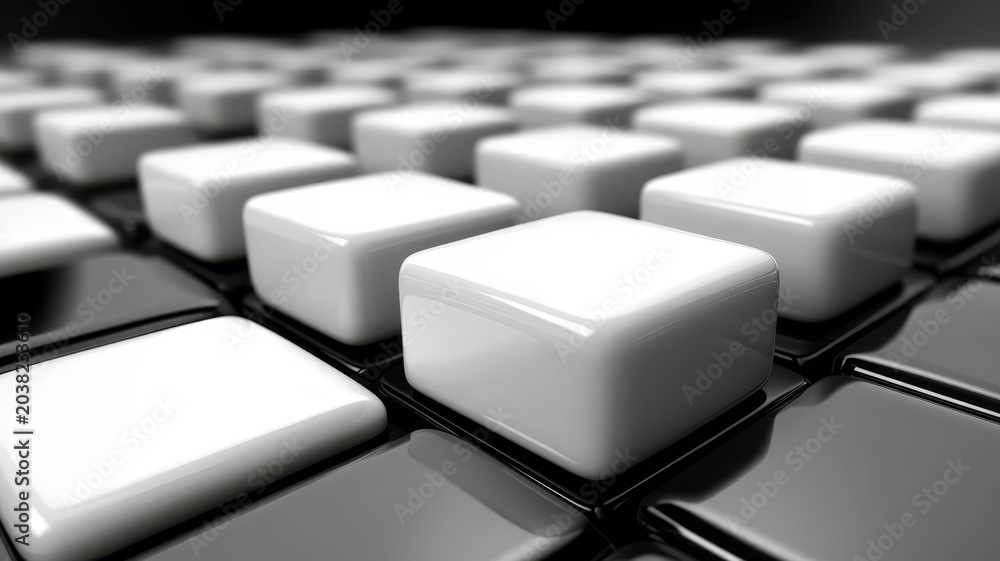 Obraz premium Abstract geometric 3d background featuring white and black glossy cubes in symmetrical grid pattern for modern digital design.