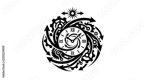 Abstract time concept illustration with a clock face, rotating arrows, and intricate mechanical gears