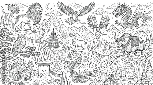 Photography Mythical creatures and wild animals in mountain landscape, hand drawn line art c