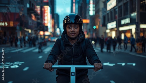 Young Woman Riding Electric Scooter in Busy Night City Center