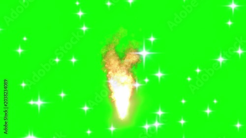 Dynamic visual effect footage of vibrant orange flames erupting and dissipating against a bright green screen background with sparkling white star like particles scattered