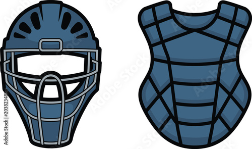 Foto Blue baseball catcher gear set including helmet and chest protector isolated on