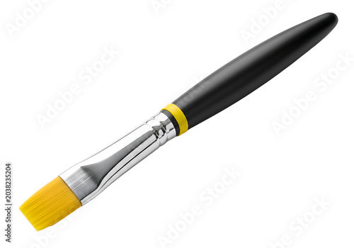Flat Paintbrush with Yellow Bristles and Black Handle Isolated on White Background on white background , Isolated on Transparent Background, PNG, Generative AI