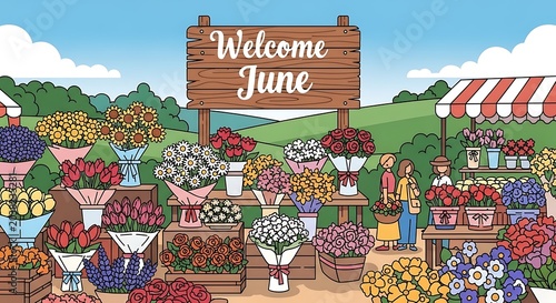 Colorful welcome sign with floral decorations and balloons.