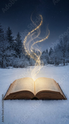 Open vintage book glowing in the snow at night with magical sparkling smoke and golden elvish runes rising into the starry sky winter forest background
