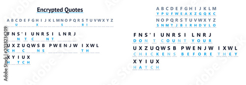 Bild auf Leinwand Encrypted quote puzzle with substitution cipher solution worksheet