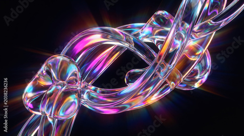 A vividly luminous 3D render of an abstract composition featuring transparent glossy glass