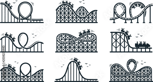 Photos Roller Coaster Line Icon Set with Amusement Park Ride Silhouettes, Thrill Tracks