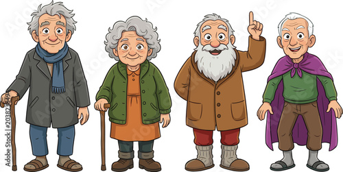 Cute Grandparents and Elderly Senior Vector Character Set with Smiling Old Men and Grandmother Figures for Family Cartoons Infographics and Social Care Designs