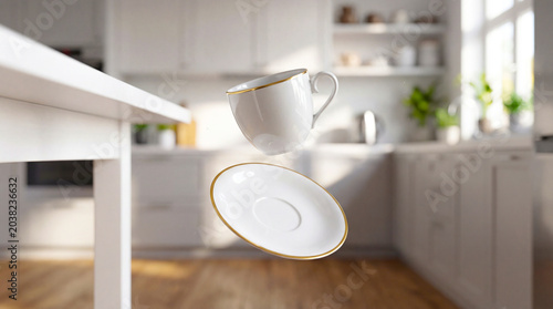 White porcelain cup and saucer levitating in a bright modern kitchen interior. Minimal still life concept symbolizing elegance, balance, breakfast rituals, home comfort and contemporary lifestyle.