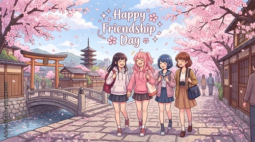 Happy Friendship Day! Anime girls walk among cherry blossoms in Japan.