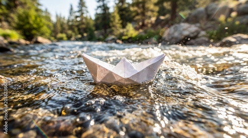 Paper boat drifting on a shallow river surrounded by forest nature and sunlight reflections. Peaceful outdoor scene symbolizing childhood, imagination, freedom, travel and environmental harmony.