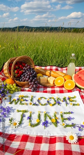 Welcome home sign with colorful fruits and vegetables on rustic background.