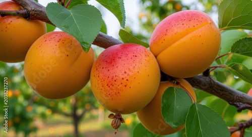 Ripe Apricots Hanging on a Tree Branch in an Orchard.