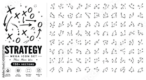 Photos Hand drawn strategy mega icon set with 150+ vectors, black ink business planning
