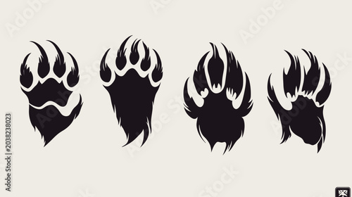A stylized illustration depicting four bear paw prints in dark silhouette, against a neutral background