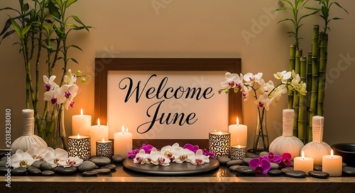 Welcome June summer garden floral arrangement decoration.