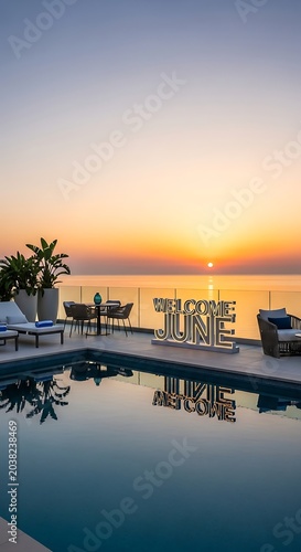 Tropical resort swimming pool at golden hour with palm trees.