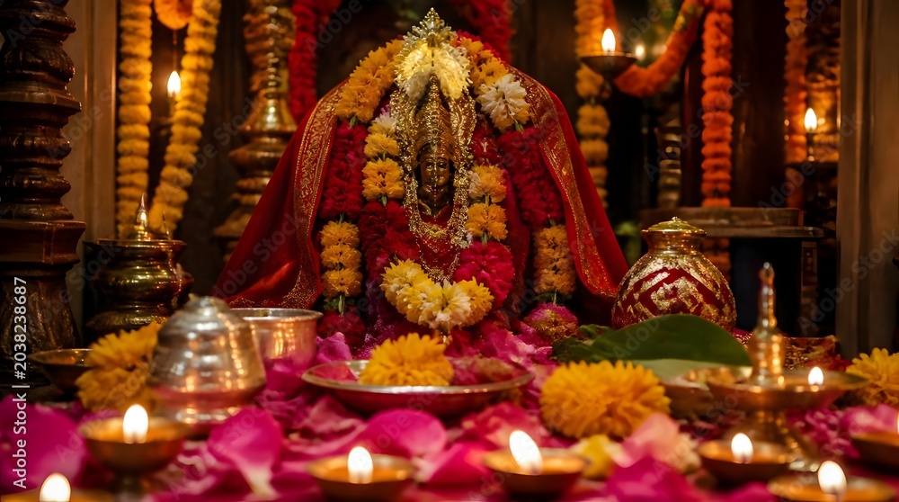 Fototapeta premium Decorated Goddess Parvati idol with glowing lamps, flowers for Mangala Gauri Vrat, capturing Hindu devotion and ancient tradition.