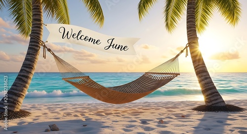 Tropical beach with wooden pier and welcome sign.