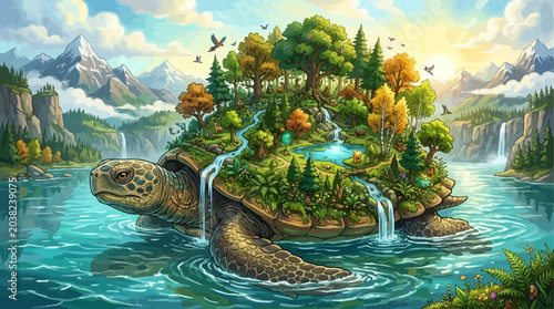 Obraz na plátne Mystical Giant Turtle with Lush Forest on Back Floating in Serene River at Sunri