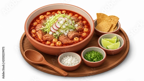 Modern 3d isometric illustration of Mexican pozole rojo soup, isolated traditional hominy stew premium culinary graphic for presentation layouts
