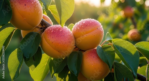Ripe Apricots Hanging on a Tree Branch in the Sunlight.