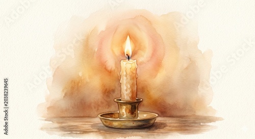 Lit candle in brass candlestick with watercolor glow
