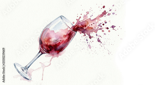 Red drinks splashing from tilted glass, watercolor liquid