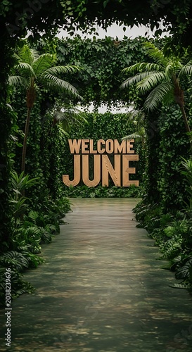 Welcome June greeting sign in serene forest pathway.