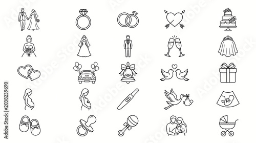 Bild auf Leinwand Set of wedding and maternity line icons including bride, groom, rings, cake, pregnant woman, baby items, celebrating love, marriage, and family milestones in simple outline vector graphics
