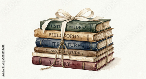 Stack of old books with ribbon isolated on white background