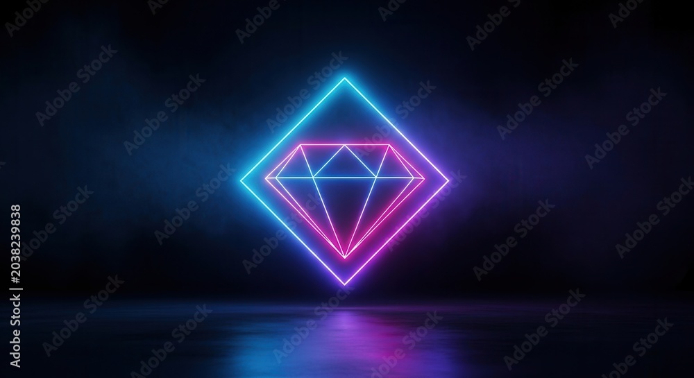 Fototapeta premium Neon Diamond Glowing Brightly in Dark.