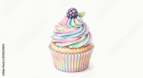 Watercolor cupcake with swirled frosting and blackberry topping