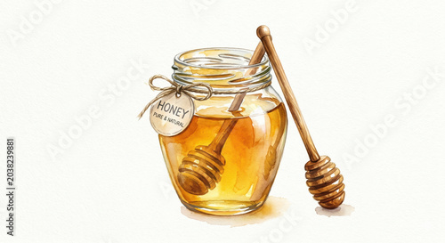 Watercolor jar of golden honey with wooden dippers