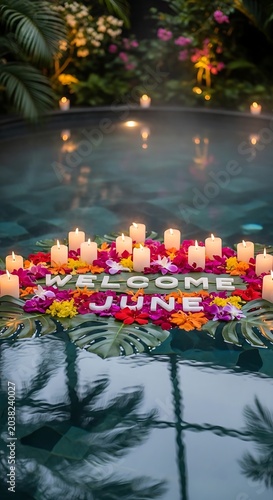 Warm outdoor evening with string lights and welcome banner.
