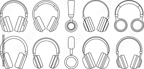 Photos Headphones, earphones, and microphones set, vector icons, audio equipment, sound
