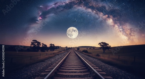 railway tracks lead to full moon.