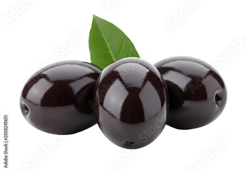 Fresh black olives with green leaf on white background minimalist composition on white background , Isolated on Transparent Background, PNG, Generative AI