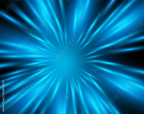 Fotografie Abstract blue energy burst with glowing light rays and luminous neon beams radiating from the center on dark background