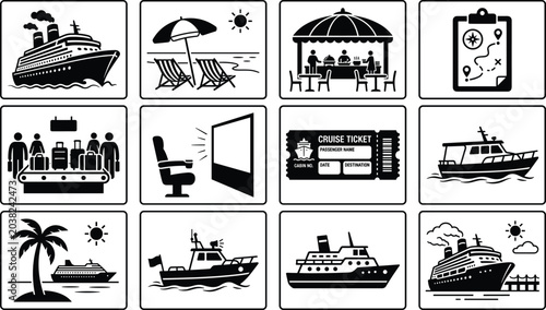 Cuadro en lienzo Cruise travel icon set, cruise ship and excursion symbols, beach lounge and dini