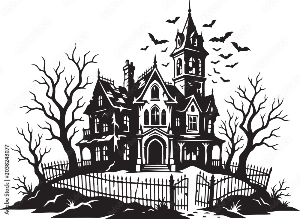 Naklejka premium Haunted house, spooky mansion, black silhouette, vector illustration, Halloween decoration