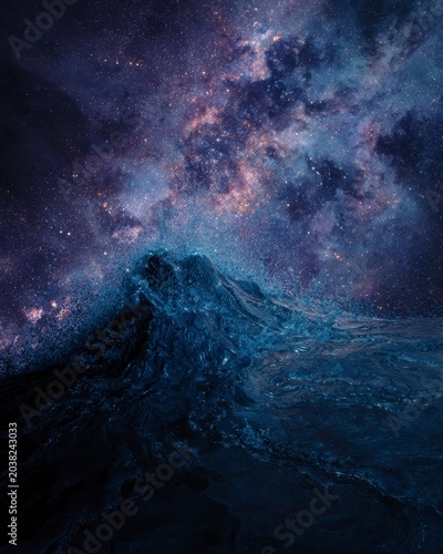 Cosmic Waves Merging Ocean and Galaxy Fantasy Scene