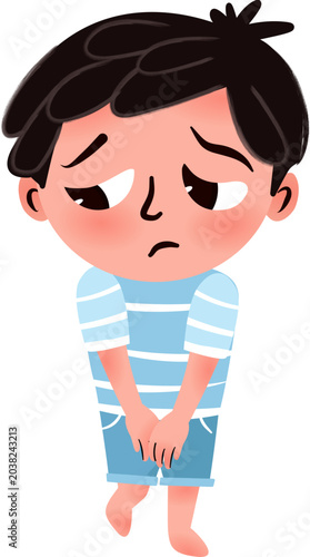 Cute Sad Worried Boy Holding Crotch Illustration, Simple Cartoon Toddler Needing to Pee with Crossed Feet Potty Training Urge Vector Illustration