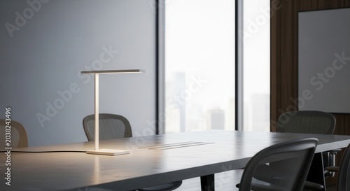 Modern conference room with minimal desk lamp and chairs.